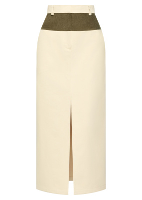 Юбка прямая на кокетке комбинированая  (Молочный/Хаки, 42)
