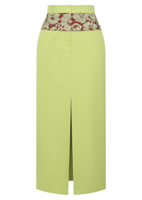 Юбка прямая на кокетке комбинированая с кружевом (Оливковый/Бордовый, 42)